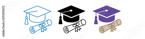 Graduation cap and scroll certificate icon set in different styles.