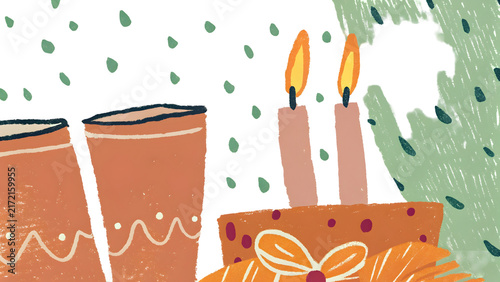 Birtay cake with lit candles and glasses during a celebration with festive confetti Isolated on transparent background