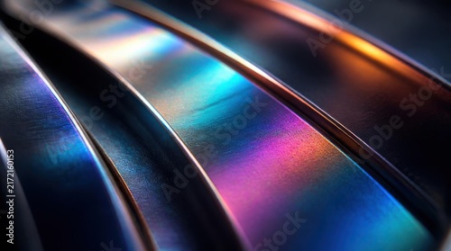 Abstract metallic surface with iridescent reflections and curving lines