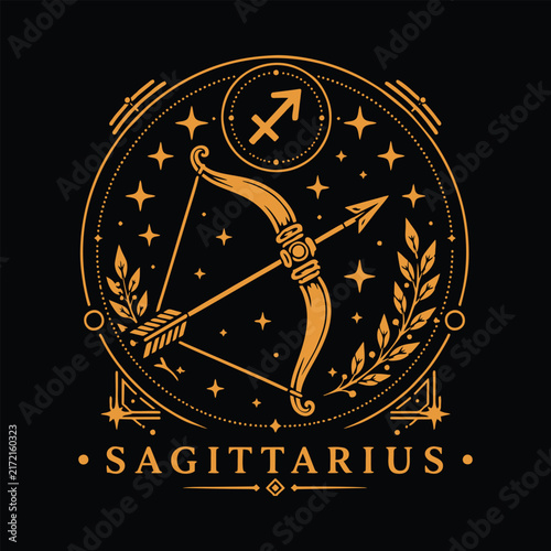09 Golden Sagittarius zodiac symbol featuring a detailed archer and bow illustration in elegant vintage line art on a black background.