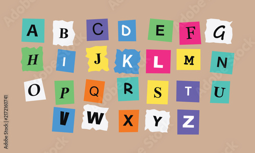 Mixed color torn paper alphabet letters with some irregular edges