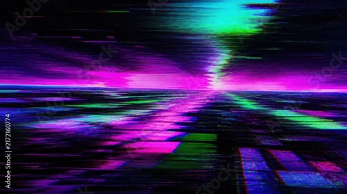 Abstract neon digital glitch landscape with vibrant purple and green light