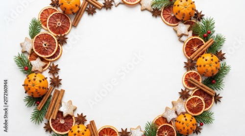 Holiday Wreath Mockup Made of Dried Citrus Slices Pine Branches and Cookies on White