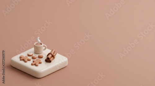 Minimalist Festive Mockup with Small Mug Gingerbread Cookies and Pine Cone on Podium