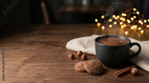Hot Steaming Coffee Mug with Homemade Cookies and Hazelnuts on Wooden Table