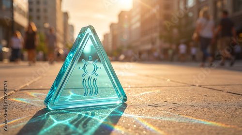 Translucent Turquoise Glass Heatwave Warning Sign on Sunlit Urban Sidewalk. Extreme Heat Concept with Crystal Reflections and Heat Haze.