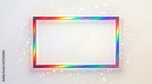 Holographic iridescent rectangular frame with glowing magical sparkles and bokeh light effects