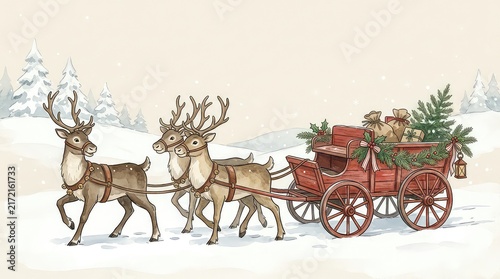 Watercolor illustration of reindeer pulling a wooden sleigh with christmas gifts