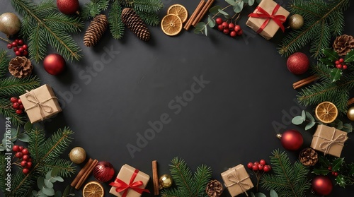 Christmas flat lay frame with gifts, pine cones, and ornaments on black background