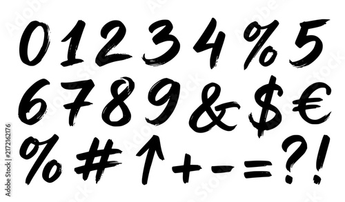 Handwritten ink numbers and mathematical signs vector set with expressive brush lettering