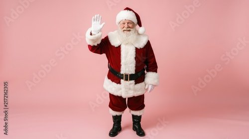 Happy santa claus waving hello against a solid pink background