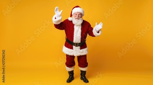 Happy santa claus waving hello on a vibrant yellow background