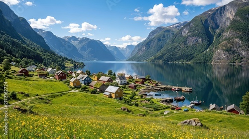Scenic village with colorful houses by a fjord in norway