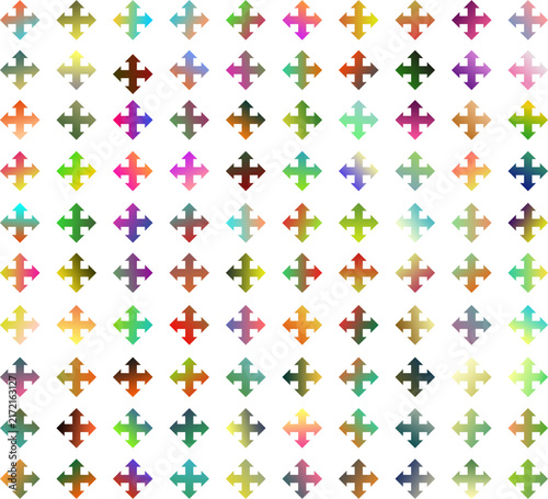 Colorful gradient cross arrow icons collection, featuring multiple directional arrows in vibrant multicolor gradients on a clean white background