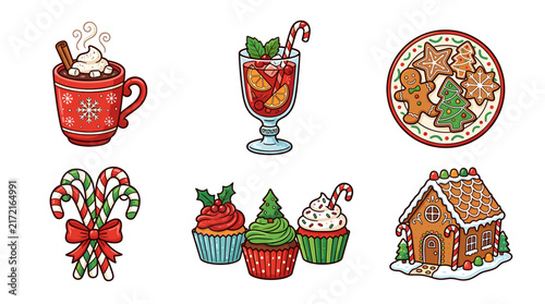 Cute Christmas food and drinks cartoon stickers