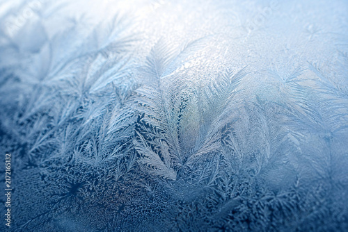 Ice Flowers Pattern and Frost Texture on Frozen Glass Background