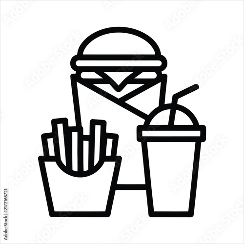 Fast food meal icon featuring a hamburger fries and drink in a simple outline style