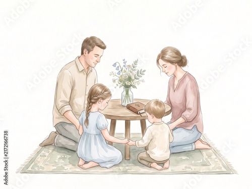 Family praying together holding hands around table