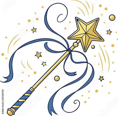 Canvas Print Golden magic wand with star and blue ribbons, sparkling fairy godmother scepter