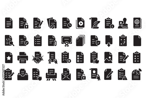 Document and file management icons set, 40 solid black vector symbols for office paperwork, business data and administrative workflow