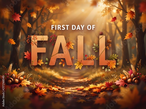 First day of fall text banner with colorful autumn leaves in a forest background
