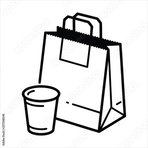Line icon illustration of a paper shopping bag and disposable coffee cup