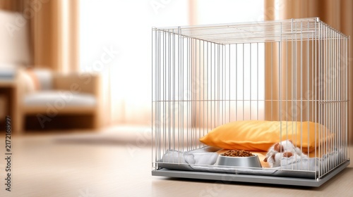 A cozy pet cage with a soft orange pillow and a bowl, set in a warm, inviting room