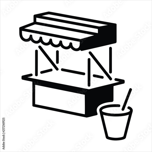 Simple black and white vector icon of a street food stall with a beverage cup