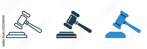 Foto Judge gavel icon set, legal hammer symbols for law and justice, black and blue auction mallet vector graphics design