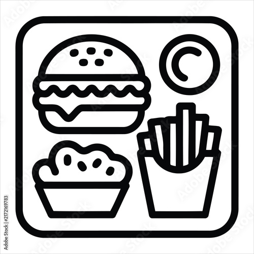 Simple line art icon depicting a fast food meal combo with burger fries and side dish