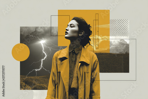 Minimalism, contemporary art collage. Inspiration, idea, trendy urban magazine style. Composition with woman and stormy sky with flashes of lightning. Sad and melancholia