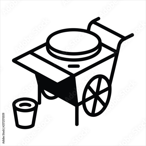 Simple linear icon of a street food cart with a pot and bucket