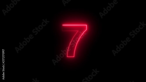 Glowing red neon number seven digit pulsing with electric light energy isolated on deep black background, for modern digital, countdown timers and, cinematic motion projects