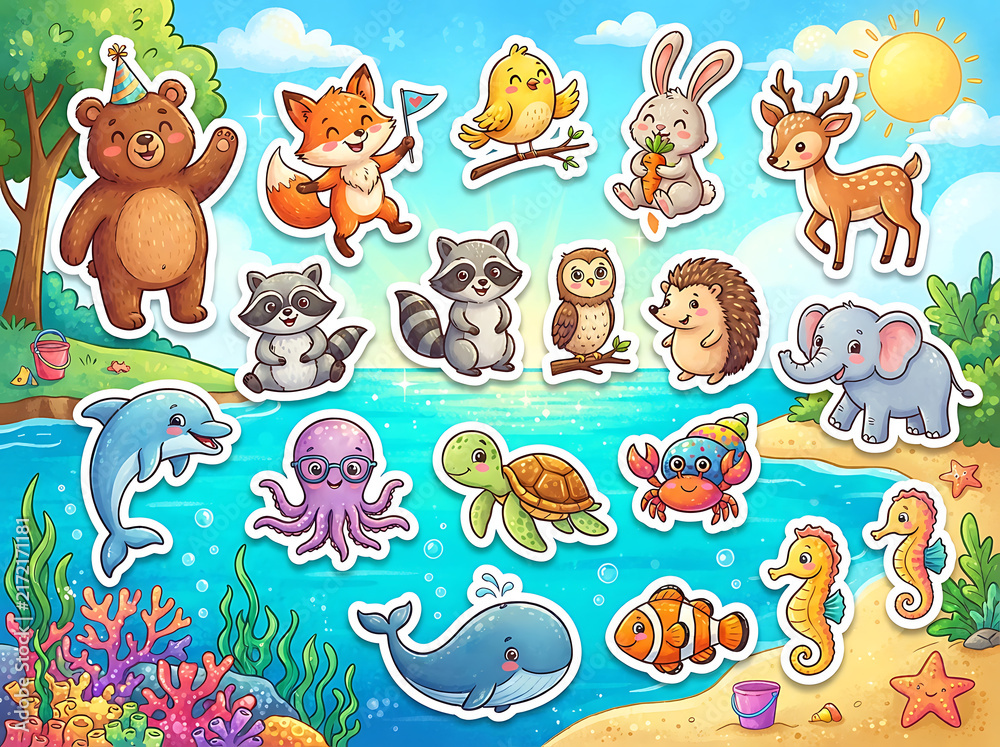 Naklejka premium Cute forest and aquatic animal stickers set for kids nursery decor and educational crafts