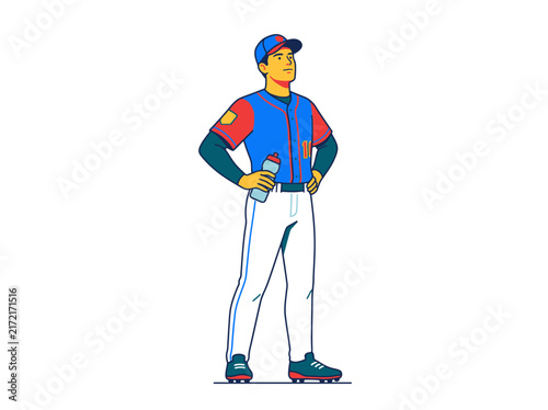 Confident Baseball Player Stands Ready Holding Water Bottle