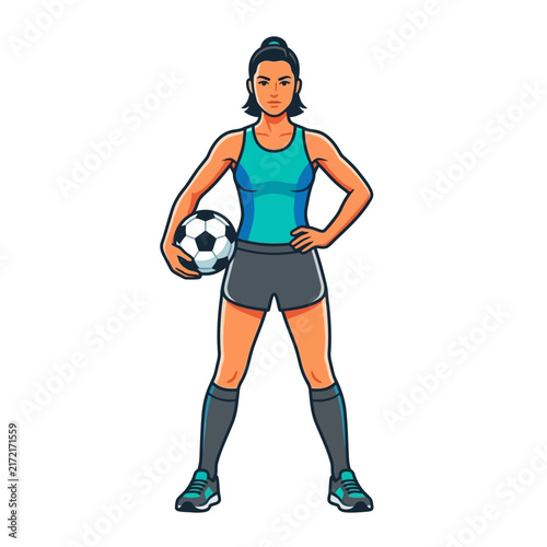 Confident Female Athlete Holding Soccer Ball Ready For Game Day Victory