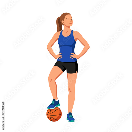 Confident Female Athlete Poses With Basketball On White Background