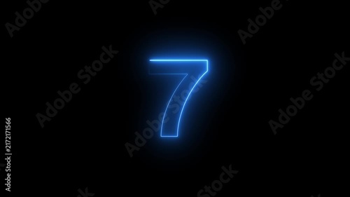 Glowing neon blue number seven digit pulsing with electric light energy isolated on solid black background, for digital countdown, timers and modern, cinematic motion projects