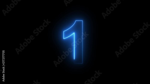 Glowing neon blue number one symbol pulsing with electric energy on a deep black background, for modern digital, countdown timers and, high-tech motion presentations, and visual
