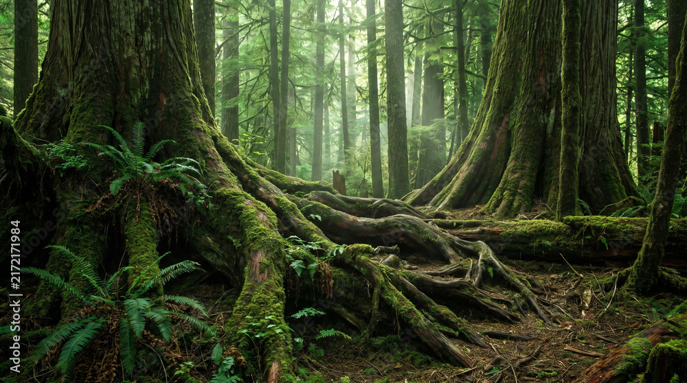 Fototapeta premium Ancient tree root in mossy temperate forest with fern, mist, and towering trunk creating tranquil woodland scene