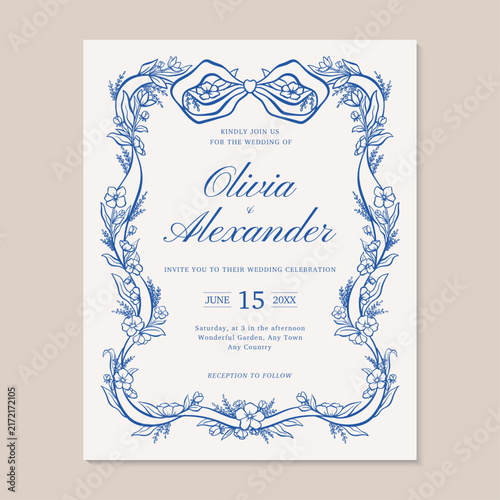 Elegant Blue Hand Drawn Ribbon and Floral Frame Wedding Invitation Card Template