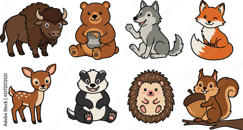 Fototapeta premium Forest Woodland Animal Vector Set Featuring Cute Cartoon Bison Brown Bear with Honey Pot Grey Wolf Red Fox Spotted Fawn Deer Badger Hedgehog and Squirrel Designs