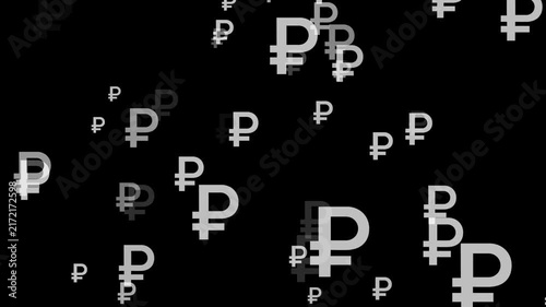 An animation of Russian Ruble currency symbols against a black background, featuring varying sizes and transparency levels to create a subtle financial aesthetic. Sharp details, 4K video.