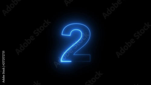 Glowing neon number two symbol pulsing with electric blue light on a deep black background, for modern digital, countdown timers, cinematic, intros, and high-tech motion