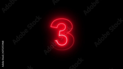 Glowing red neon number three symbol pulsing with vibrant light effects on a deep black background, for modern digital, countdowns, cinematic motion, and high-tech visual