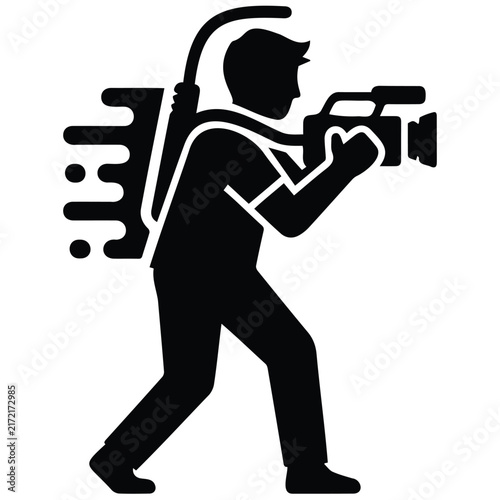 Fast moving videographer vector silhouette illustration for media broadcast and reporting.