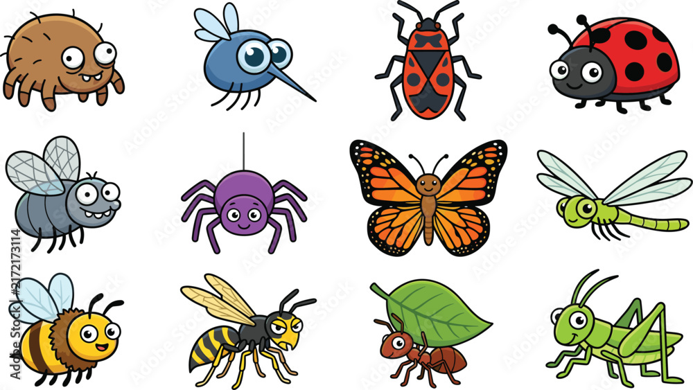 Obraz premium Cute Cartoon Insect and Bug Vector Sticker Set Featuring Mite, Mosquito, Beetle, Ladybug, Housefly, Hanging Spider, Butterfly, Dragonfly, Honey Bee, Wasp, Ant with Leaf, and Grasshopper