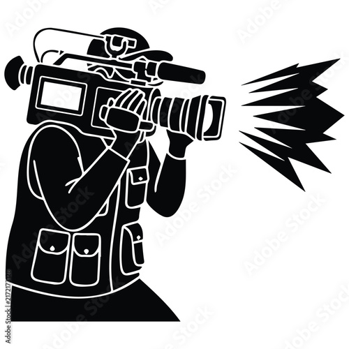 Professional cameraman vector silhouette illustration filming broadcast news with flash lens.