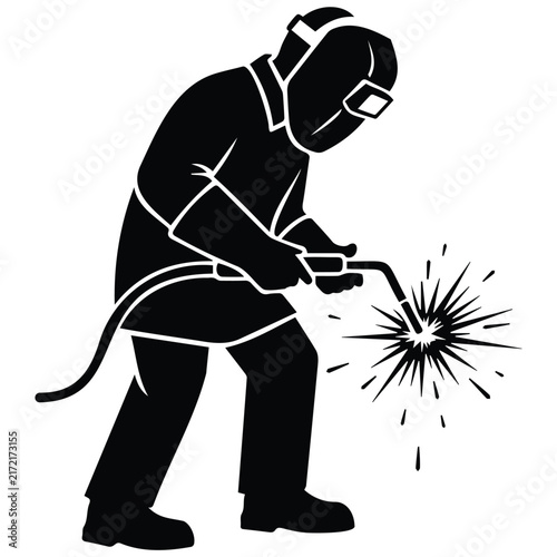 Welder worker vector silhouette illustration performing industrial metal welding task.