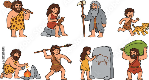 Fotografie Stone Age Caveman Vector Illustration Set Featuring Primitive People Hunting, Sp